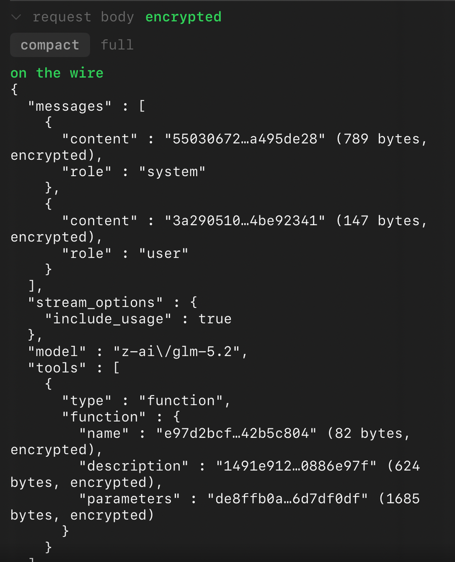 debug card after a reply: request body on the wire, message content and tool fields shown as encrypted blobs
